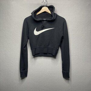 Nike Womens XS Black Cropped Hoodie With White Swoosh Logo